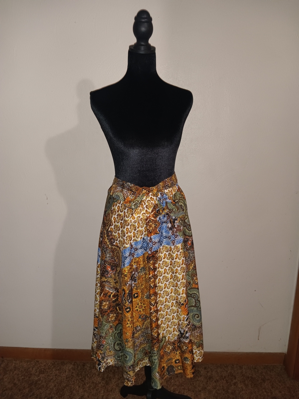 Bohemian Patchwork Midi Skirt in Mustard Multi